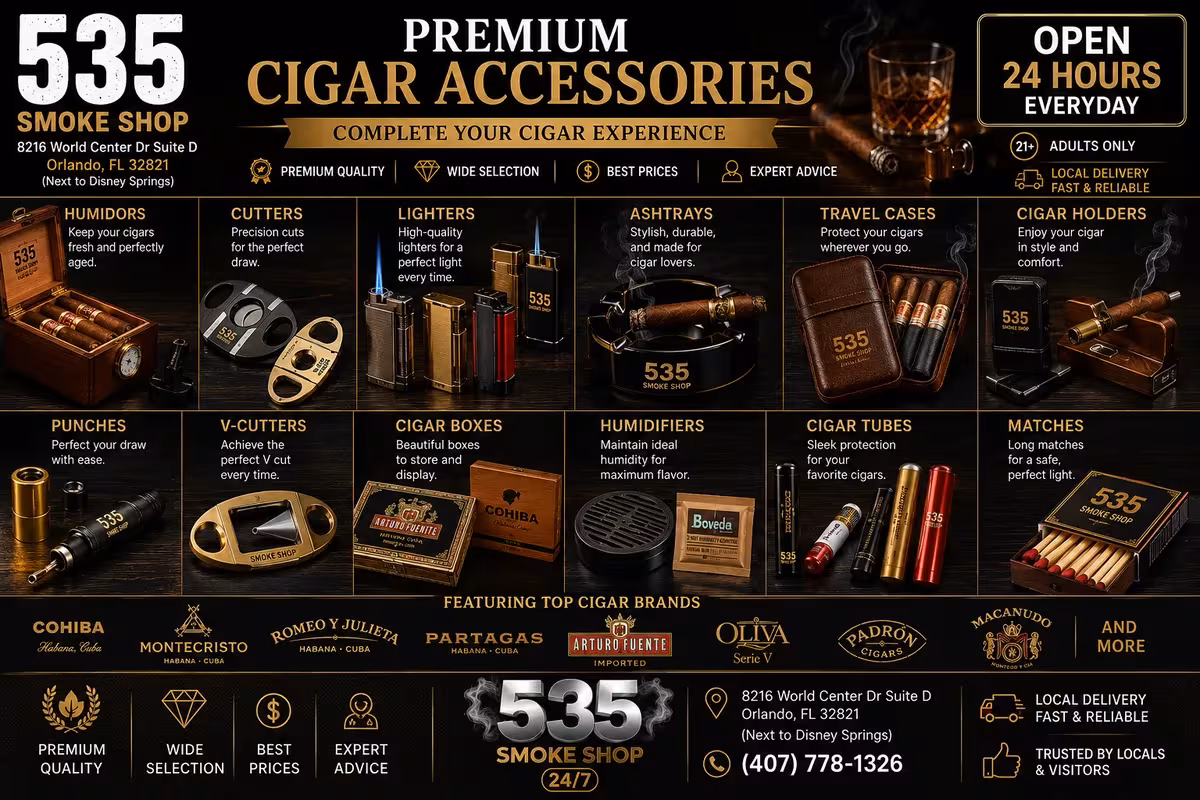 Premium cigar accessories at 535 Smoke Shop — humidors, cutters, lighters, ashtrays and travel cases, 8216 World Center Dr Ste D, Orlando — open 24 hours