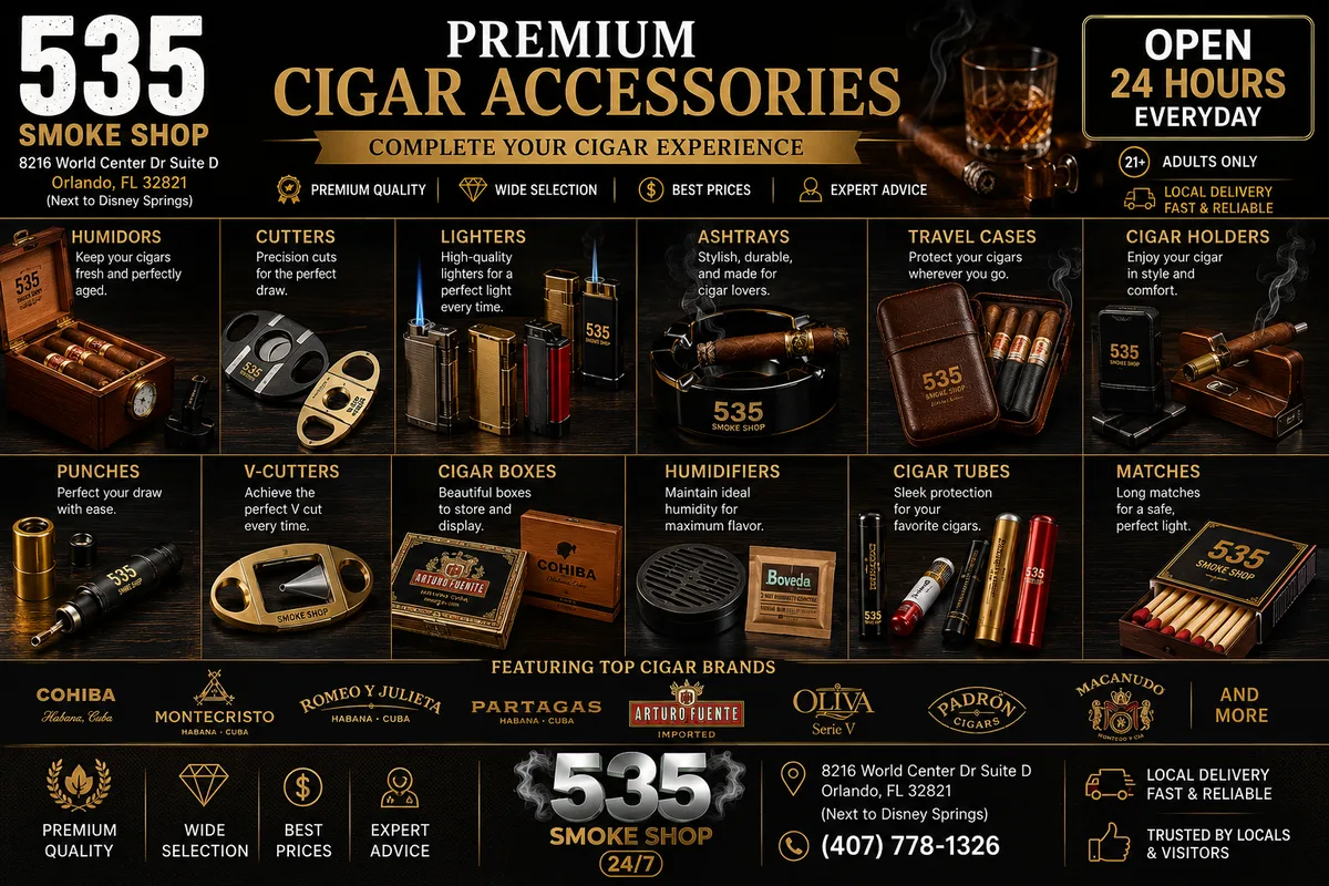 Premium cigar accessories at 535 Smoke Shop — humidors, cutters, lighters, ashtrays and travel cases, 8216 World Center Dr Ste D, Orlando — open 24 hours