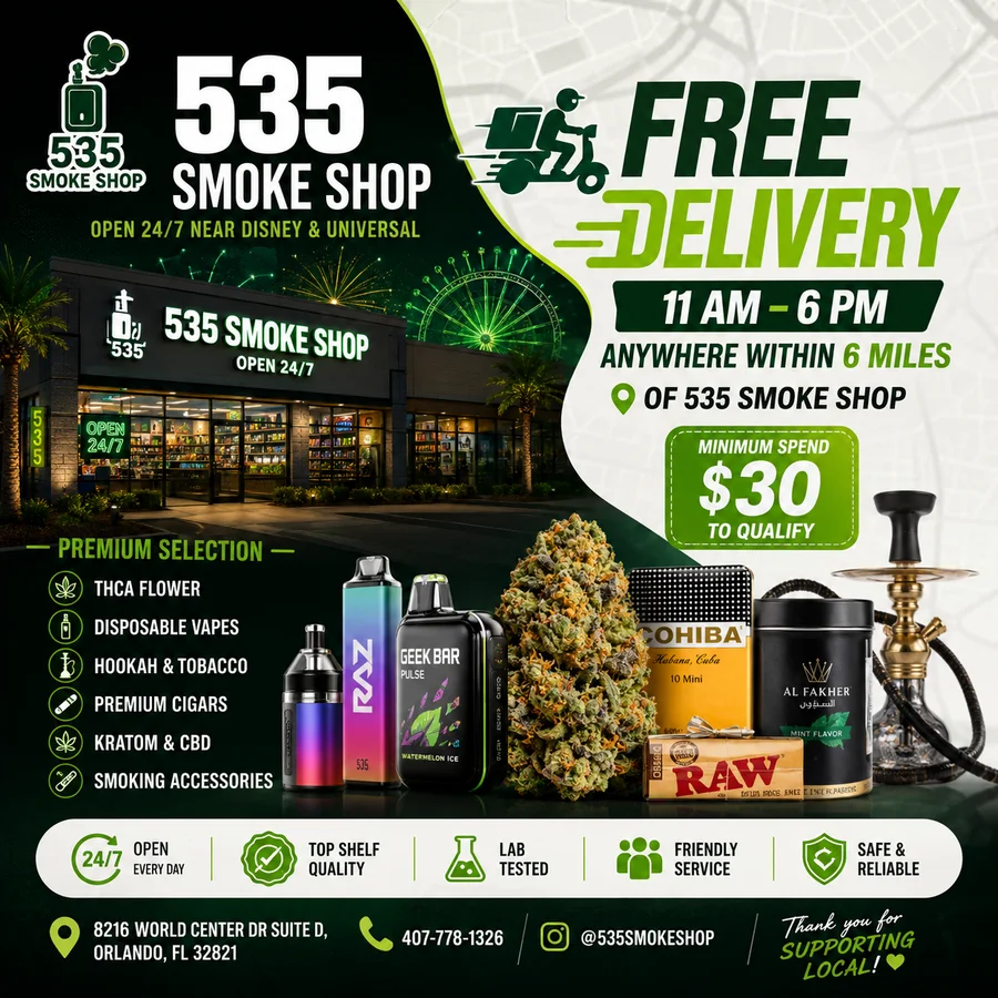 Free delivery flyer — 535 Smoke Shop free daytime delivery near Disney Springs, 11 AM–6 PM daily with a $30 minimum
