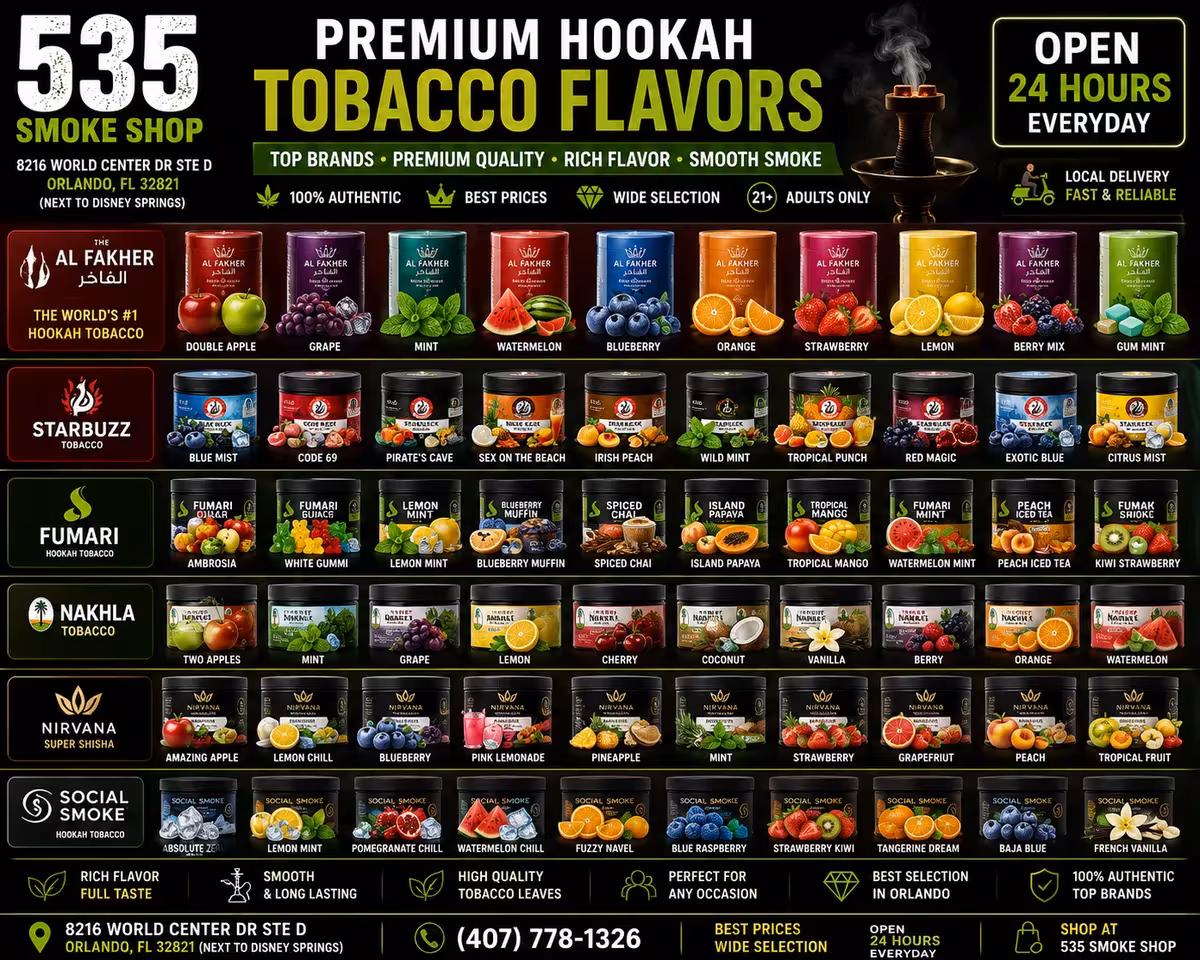 Premium hookah tobacco and shisha flavors at 535 Smoke Shop — Al Fakher, Starbuzz, Fumari and more, 8216 World Center Dr Ste D, Orlando — open 24 hours
