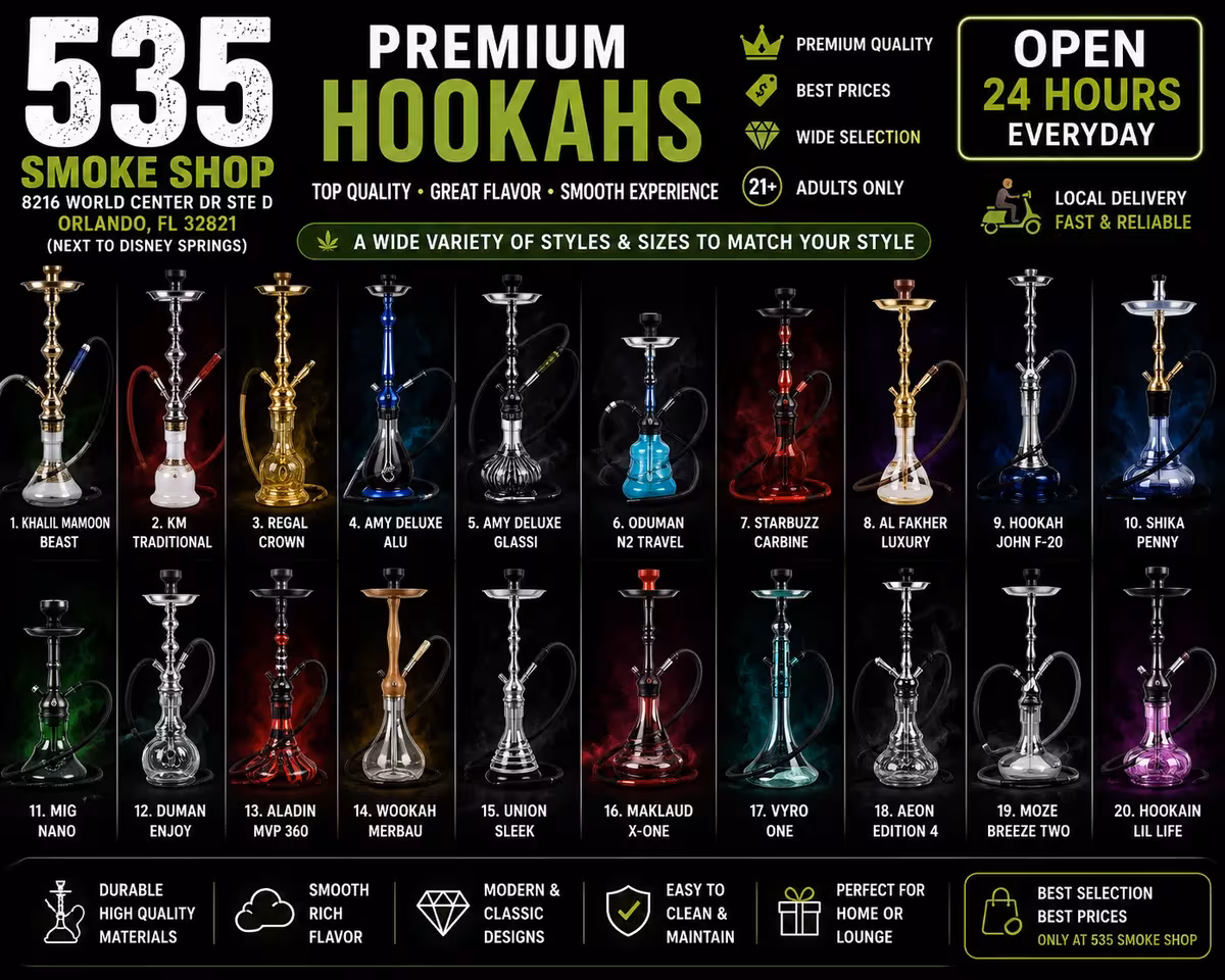 Premium hookahs for sale at 535 Smoke Shop near Disney World — 20+ hookah pipe styles and sizes, 8216 World Center Dr Ste D, Orlando — open 24 hours