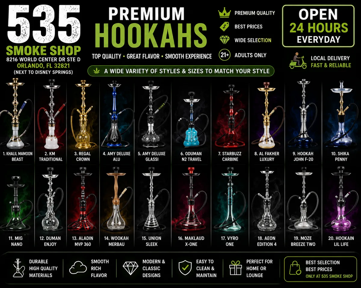 Premium hookahs for sale at 535 Smoke Shop near Disney World — 20+ hookah pipe styles and sizes, 8216 World Center Dr Ste D, Orlando — open 24 hours