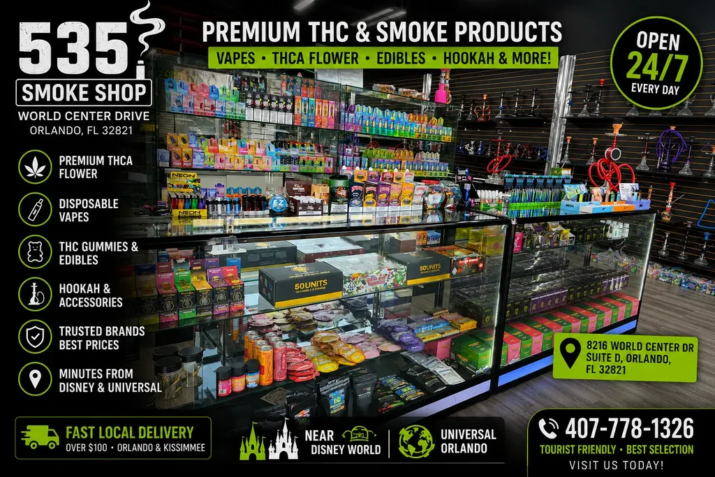 Inside 535 Smoke Shop on World Center Drive — front counter with disposable vapes, THCA products, and hookahs on the wall