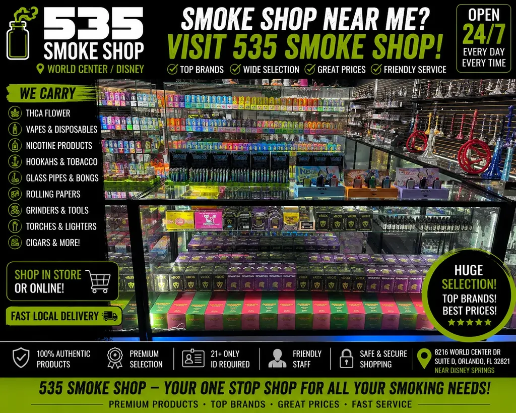 Glass showcase at 535 Smoke Shop with disposable vape brands and nicotine products