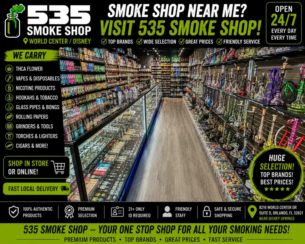 Main aisle inside 535 Smoke Shop with fully stocked product shelves and hookah wall