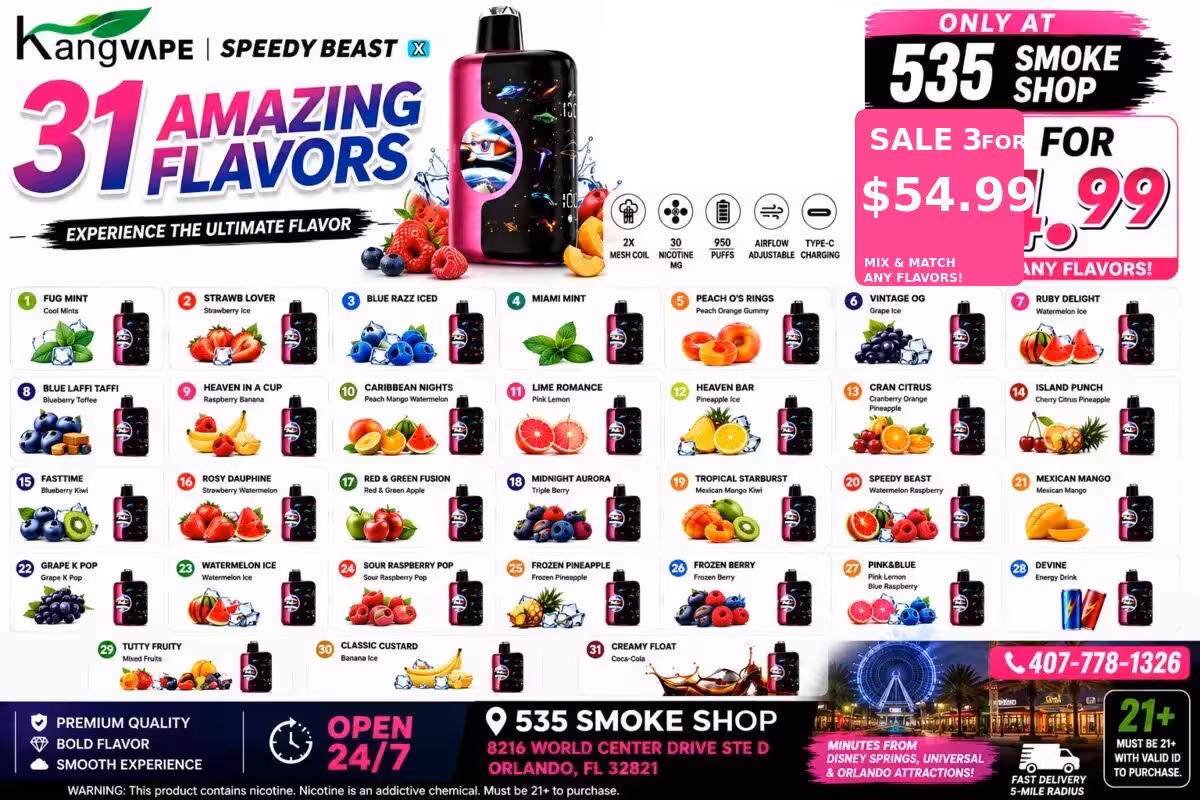 KangVape Speedy Beast disposable vape flyer — 31 flavors, $24.99 each or 3 for $54.99 at 535 Smoke Shop, 8216 World Center Dr Ste D, Orlando