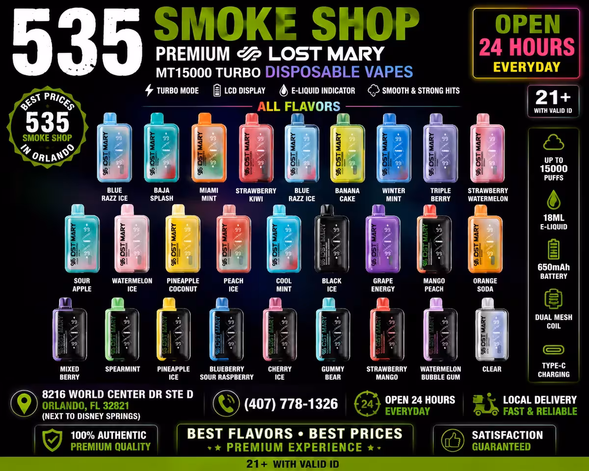 Lost Mary disposable vape flavor lineup at 535 Smoke Shop, 8216 World Center Dr Ste D, Orlando — open 24 hours