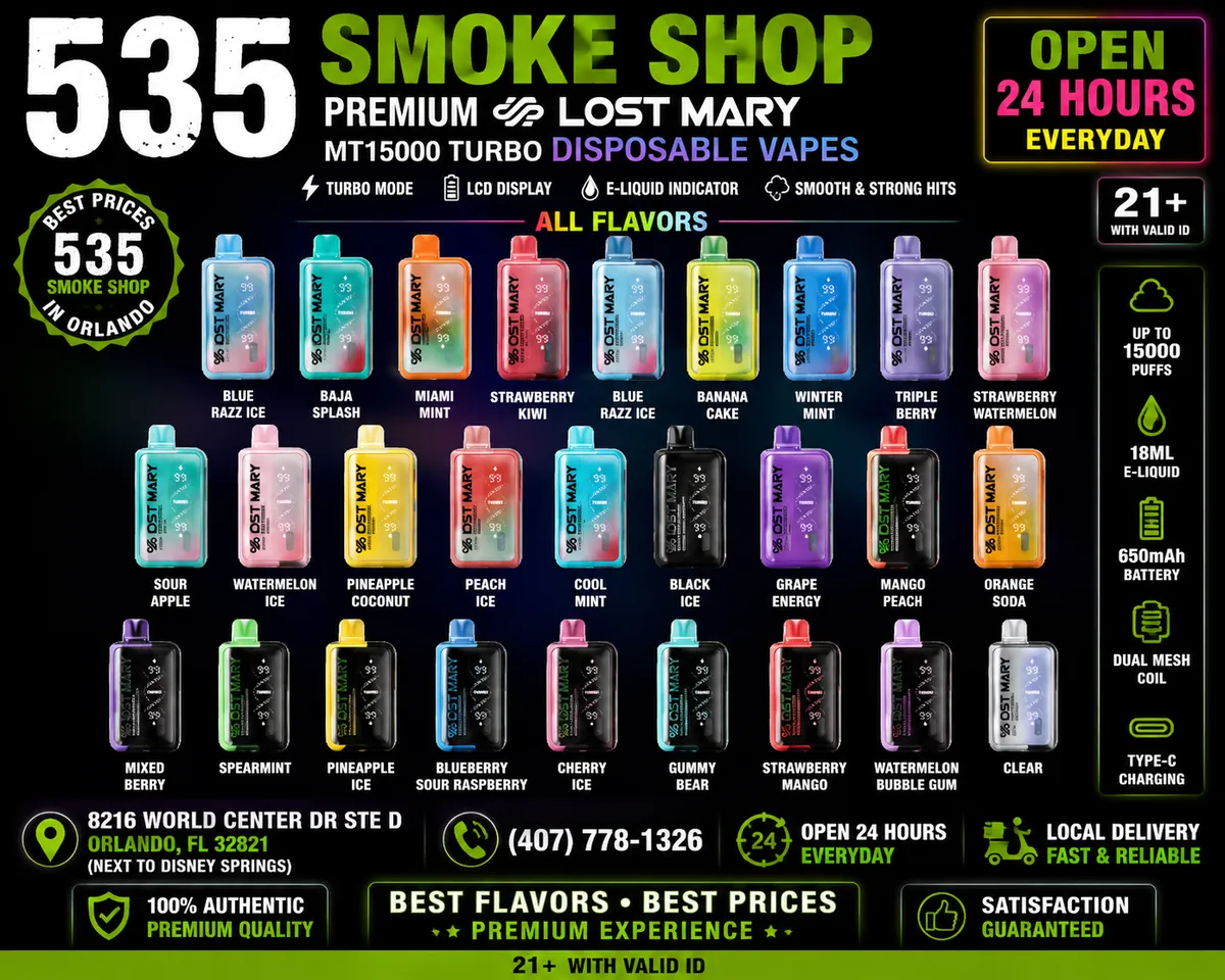 Lost Mary disposable vape flavor lineup at 535 Smoke Shop, 8216 World Center Dr Ste D, Orlando — open 24 hours