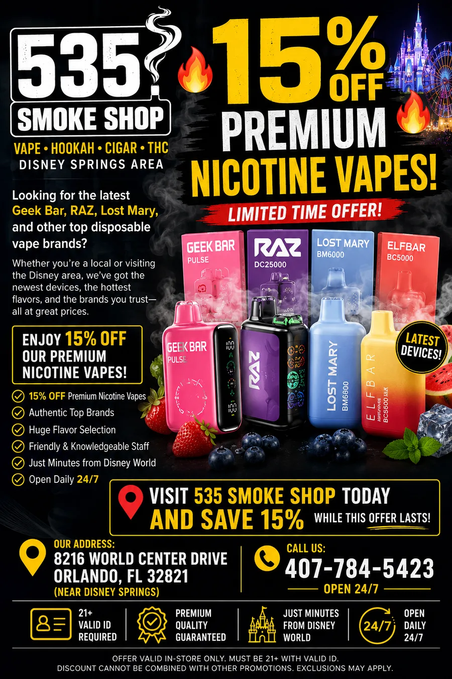 15% off premium nicotine vapes limited-time offer flyer — Geek Bar, RAZ, Lost Mary and Elf Bar at 535 Smoke Shop near Disney Springs