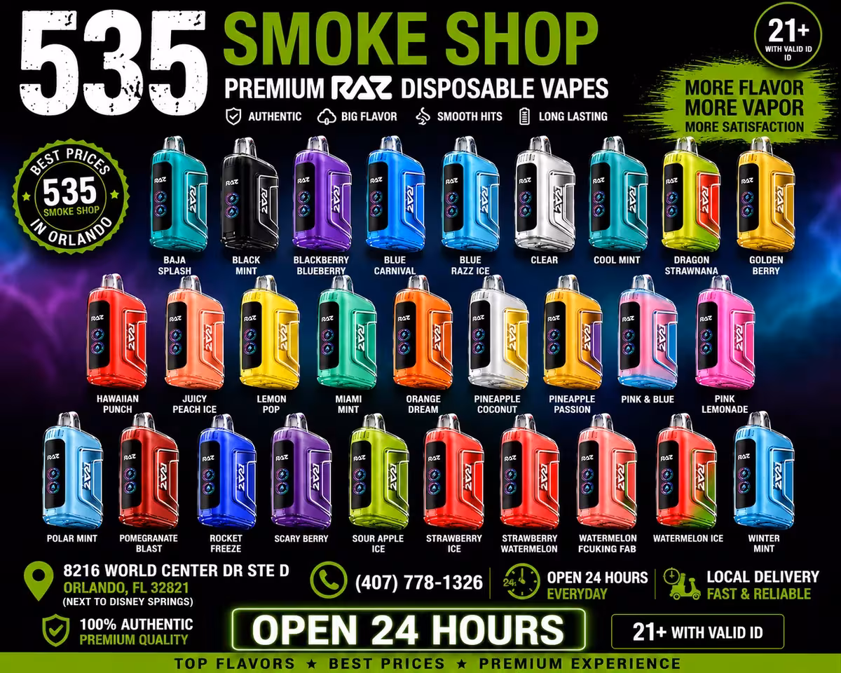 RAZ disposable vape flavor lineup at 535 Smoke Shop, 8216 World Center Dr Ste D, Orlando — open 24 hours