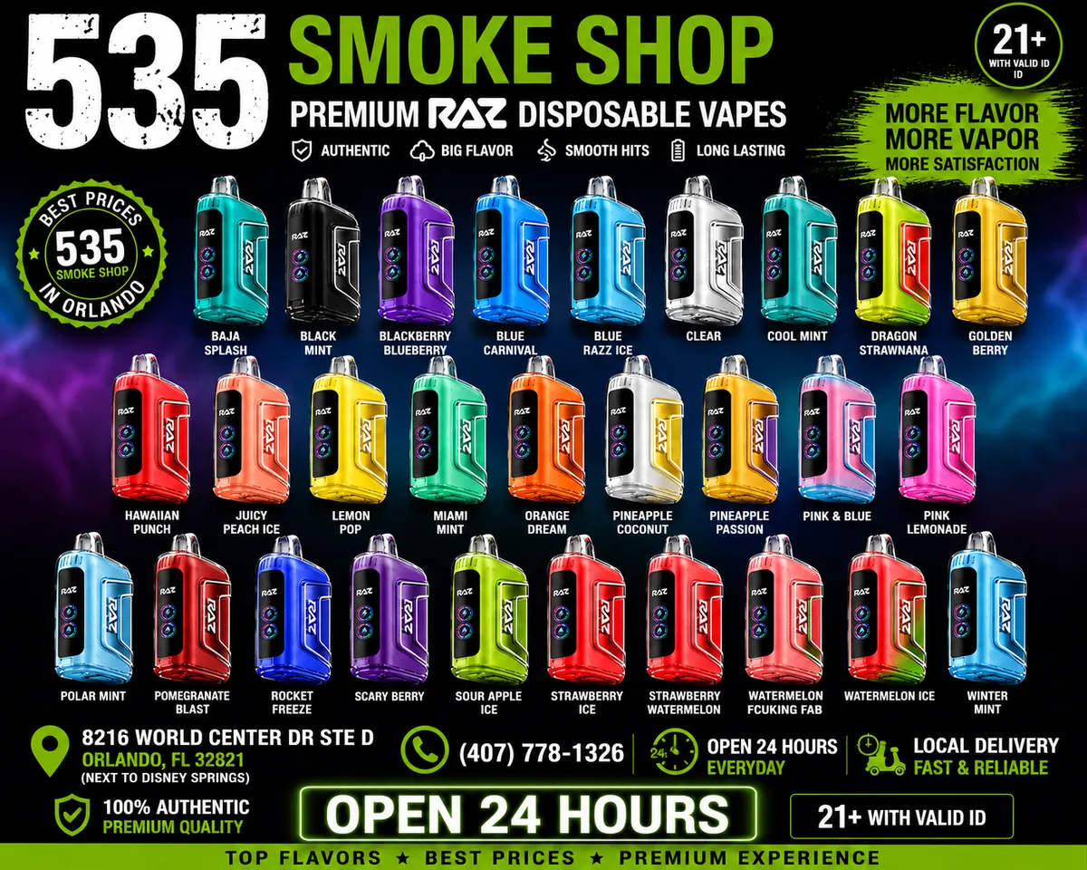 RAZ disposable vape flavor lineup at 535 Smoke Shop, 8216 World Center Dr Ste D, Orlando — open 24 hours