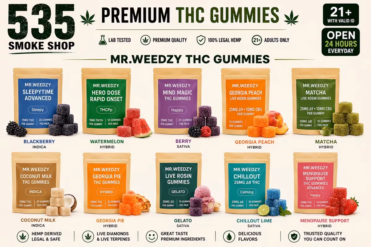 Mr. Weedzy THC gummies collection at 535 Smoke Shop — legal Delta-9 THC gummies, lab tested, 21+, 8216 World Center Dr Ste D, Orlando