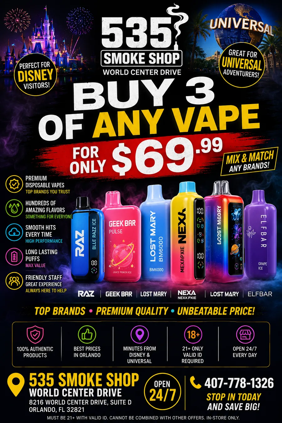 Buy any 3 disposable vapes for $69.99 bundle deal flyer — RAZ, Geek Bar, Lost Mary, NEXA and Elf Bar at 535 Smoke Shop Orlando