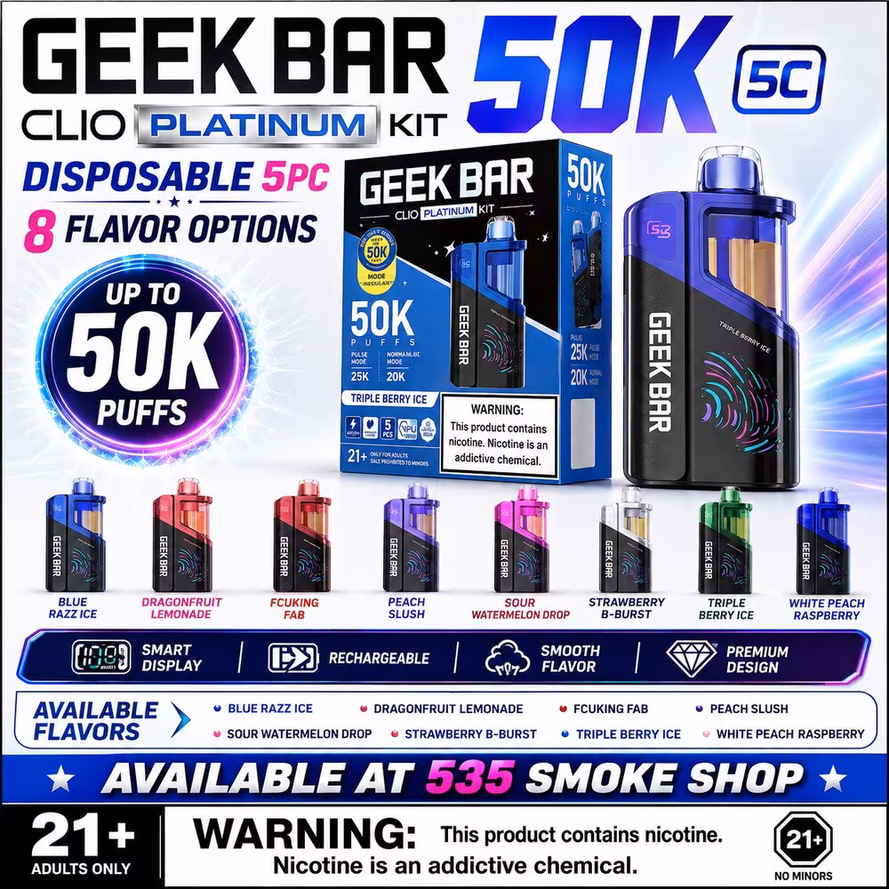 Original Geek Bar Clio Platinum Kit 50K disposable vapes in 8 flavor options — 5-pack deal at 535 Smoke Shop Orlando, online order with next-day pickup
