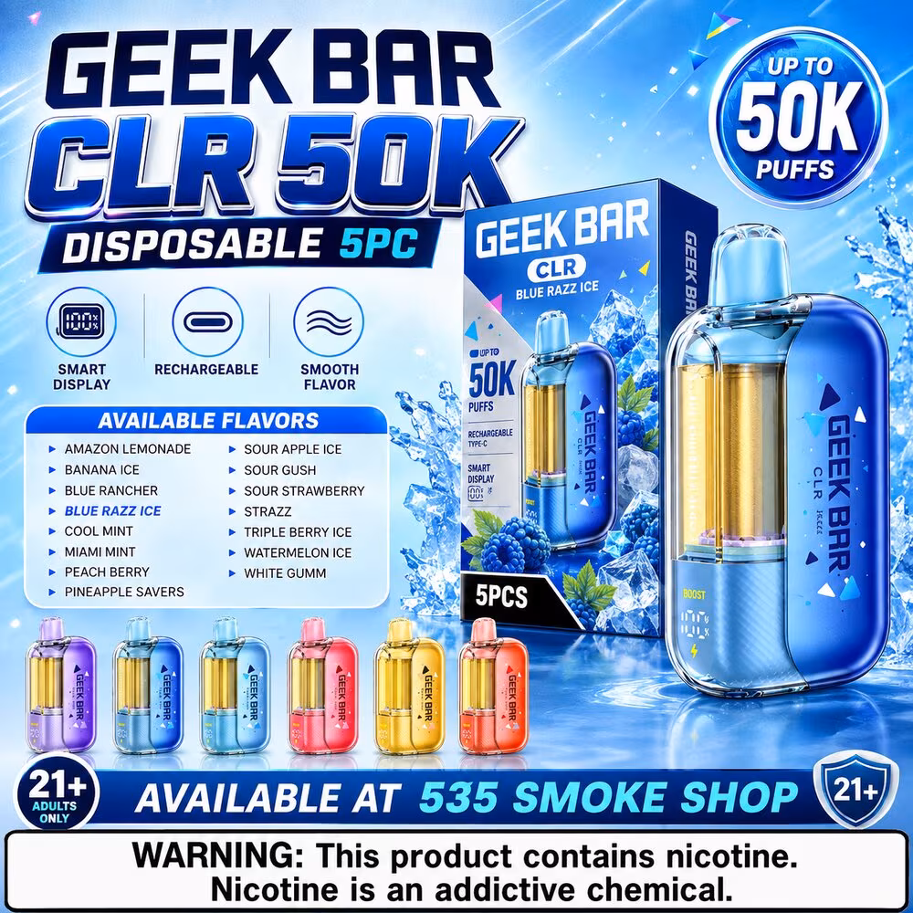 Original Geek Bar CLR 50K disposable vapes in 15 flavor options — 5-pack deal at 535 Smoke Shop Orlando, online order with next-day pickup