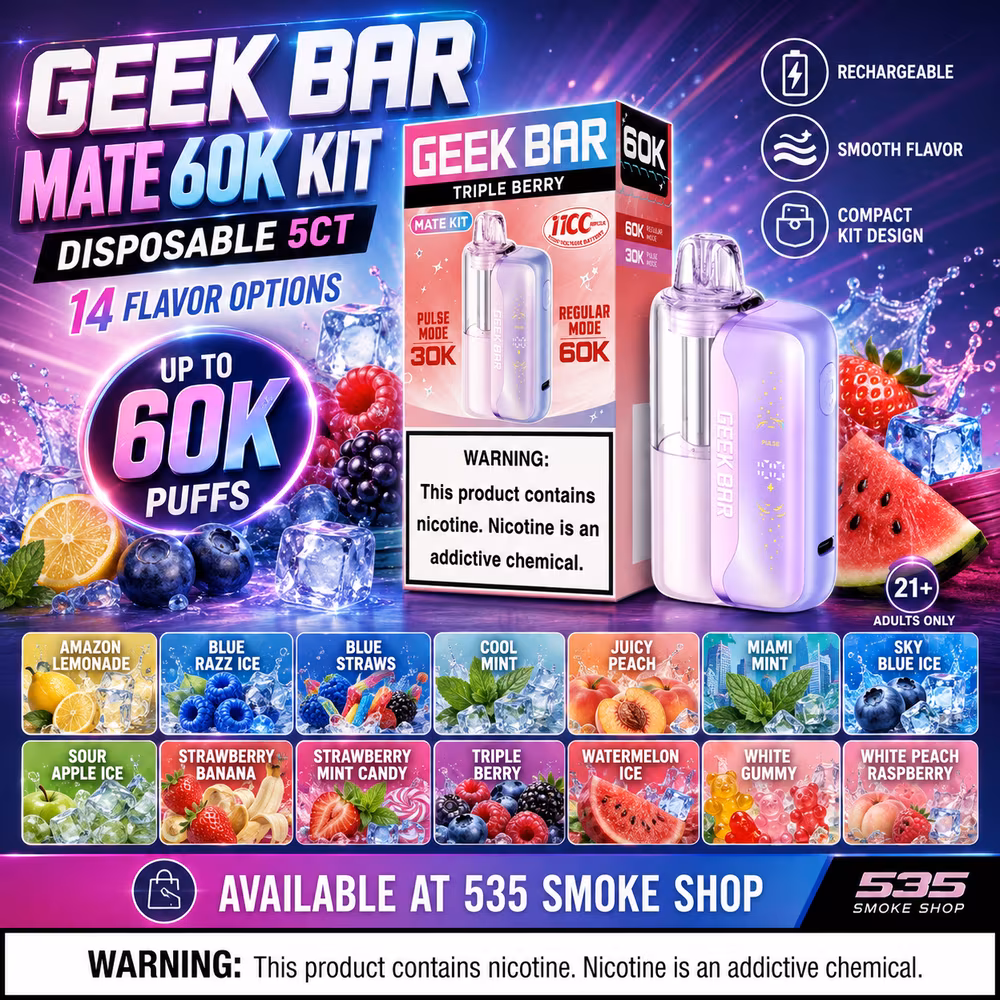 Original Geek Bar Mate 60K Kit disposable vapes in 14 flavor options — 5-pack deal at 535 Smoke Shop Orlando, online order with next-day pickup