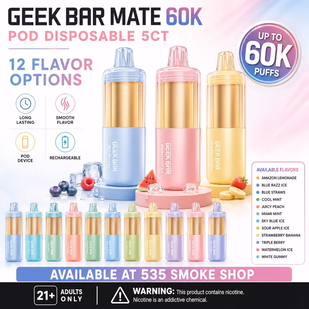 Original Geek Bar Mate 60K pod disposable 5CT in 12 flavor options — 5-pack deal at 535 Smoke Shop Orlando, online order with next-day pickup