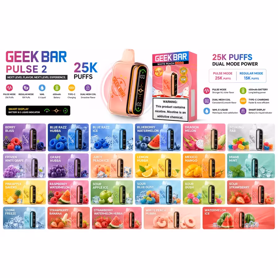 Original Geek Bar Pulse 2 25K disposable vapes in 22 flavor options — 5-pack deal at 535 Smoke Shop Orlando, online order with next-day pickup