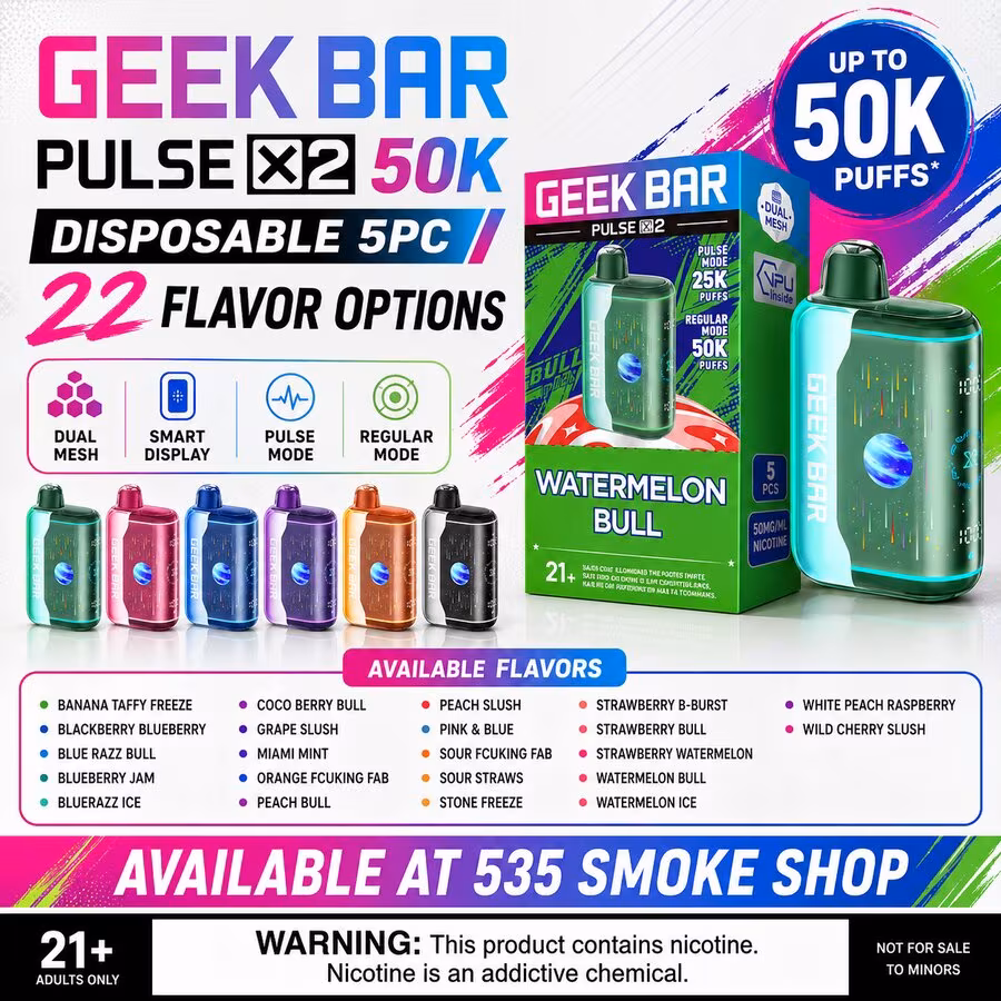 Original Geek Bar Pulse X2 50K disposable vapes in 22 flavor options — 5-pack deal at 535 Smoke Shop Orlando, online order with next-day pickup