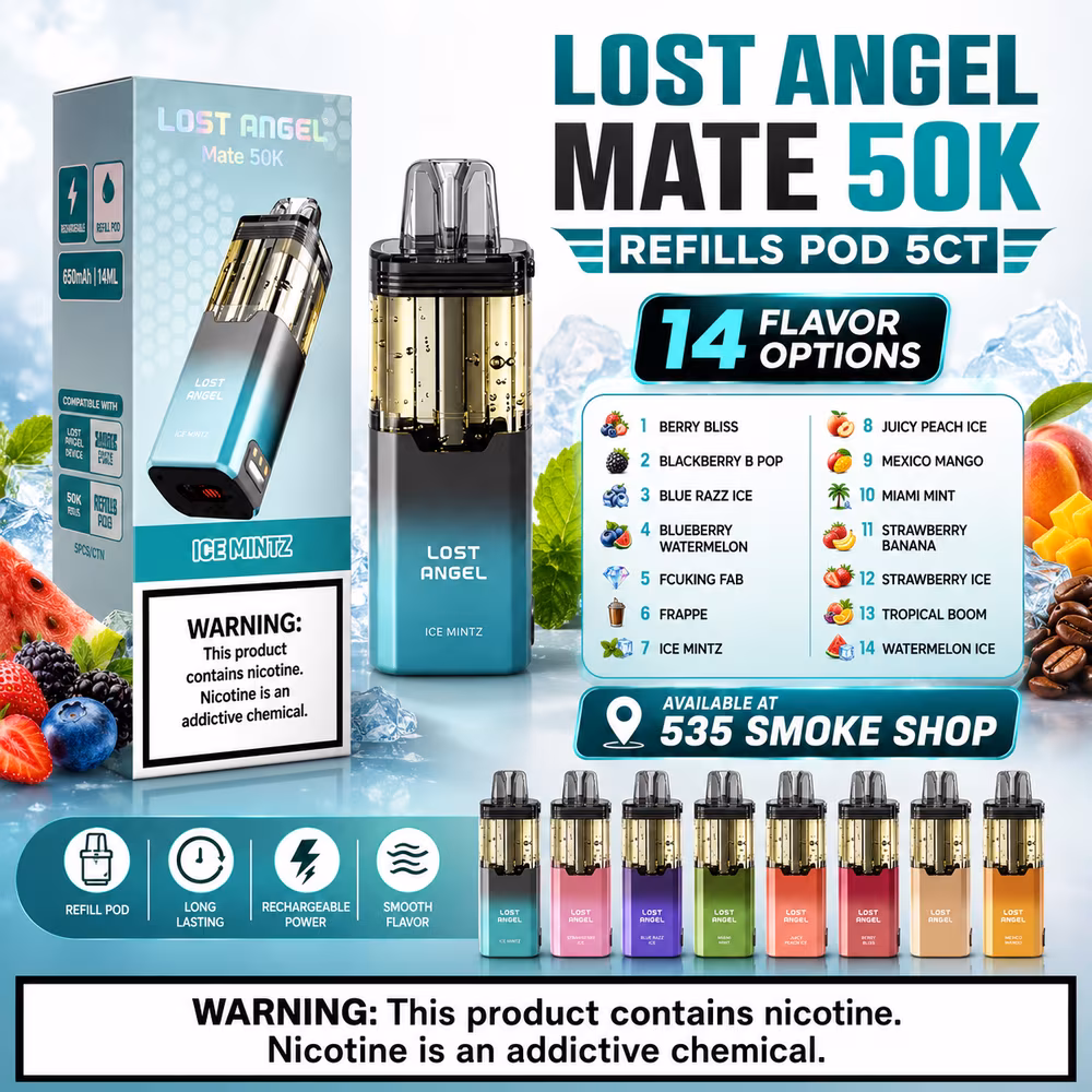 Original Lost Angel Mate 50K refill pods in 14 flavor options — 5-pack deal at 535 Smoke Shop Orlando, online order with next-day pickup
