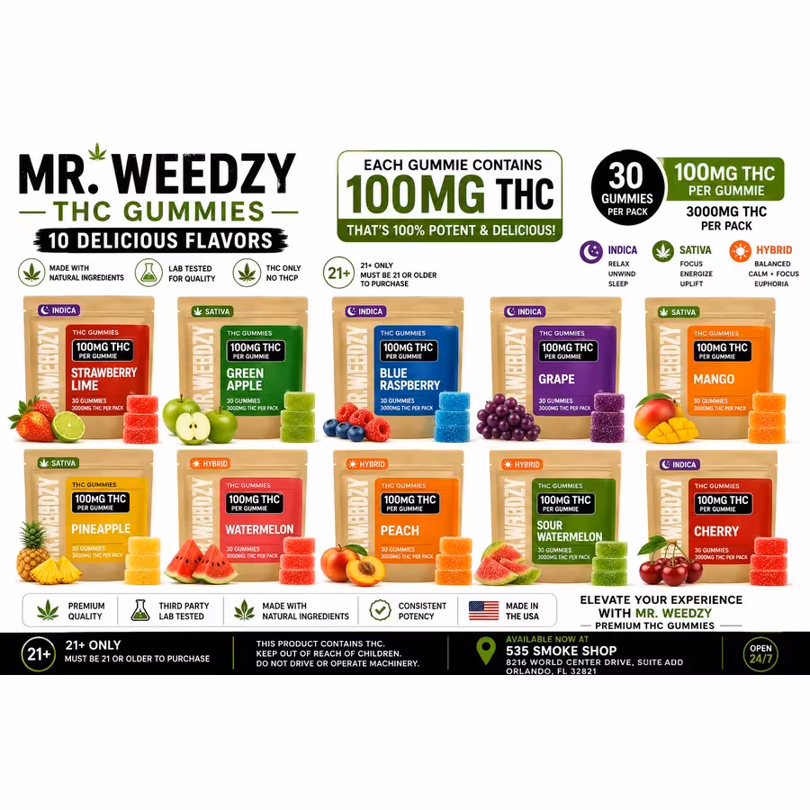 Mr. Weedzy THC Gummies 100mg at 535 Smoke Shop Orlando — legal THC wellness product, no medical card needed — 535 Smoke Shop Orlando, 24/7 smoke shop near me with smoke shop delivery