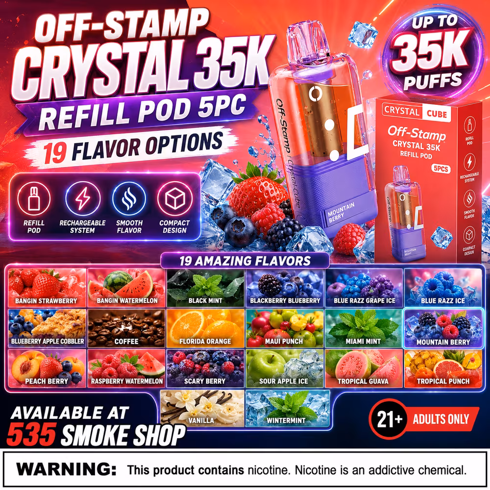 Original Off-Stamp Crystal 35K refill pods in 20 flavor options — 5-pack deal at 535 Smoke Shop Orlando, online order with next-day pickup