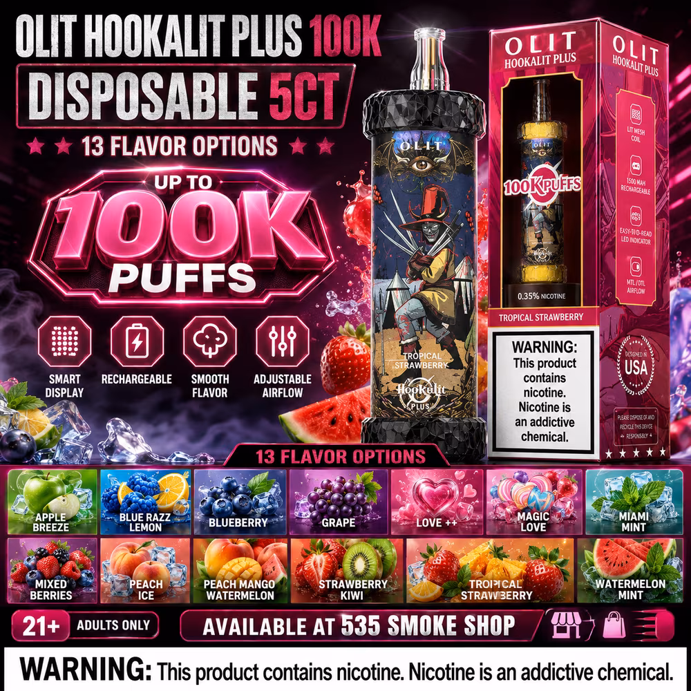 Original OLIT Hookalit Plus 100K disposable vapes in 13 flavor options — 5-pack deal at 535 Smoke Shop Orlando, online order with next-day pickup