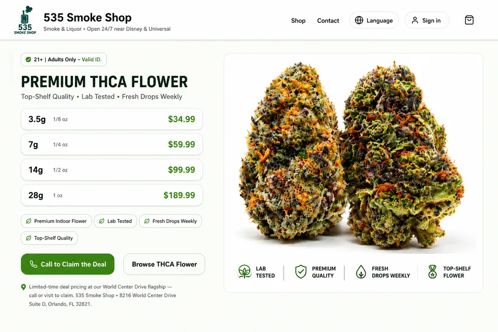 Premium THCA flower deals near Disney World at 535 Smoke Shop on World Center Drive, Orlando