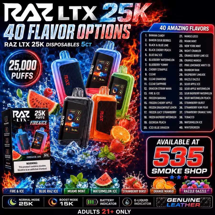 Original RAZ LTX 25K disposable vapes 5CT deal at 535 Smoke Shop Orlando — 5 for $75.99, 40 flavor options, online order with next-day pickup