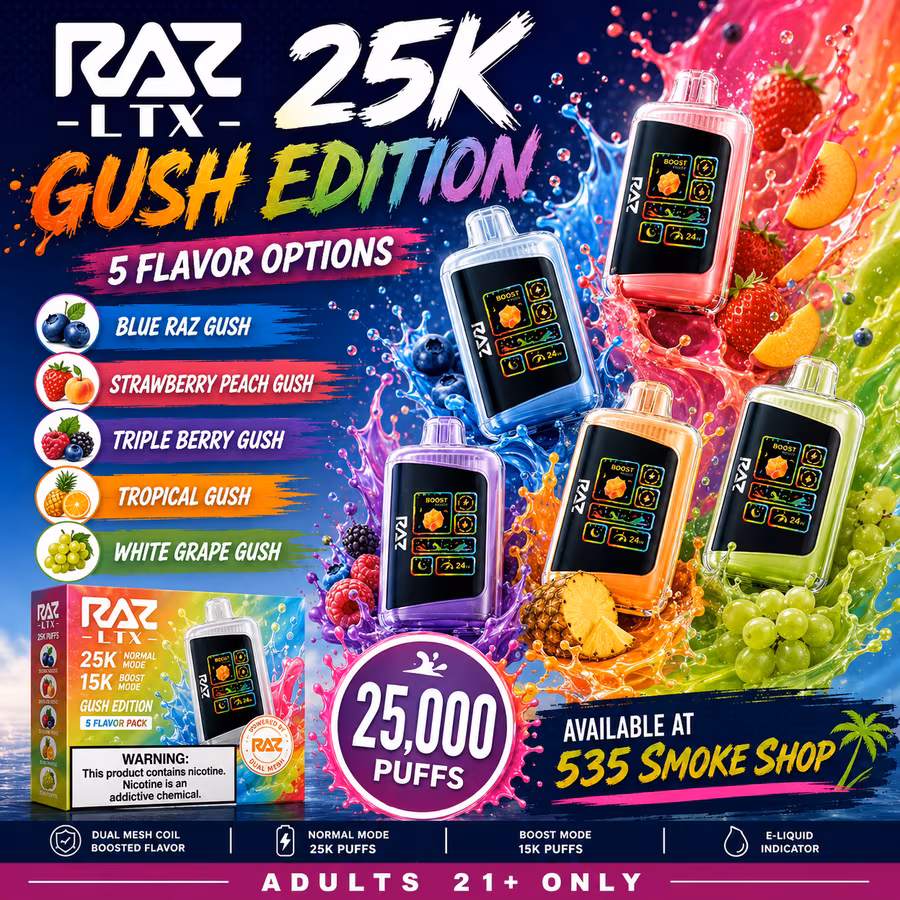 Original RAZ LTX 25K Gush Edition disposable vapes in 5 flavors — 5-pack deal at 535 Smoke Shop Orlando, online order with next-day pickup
