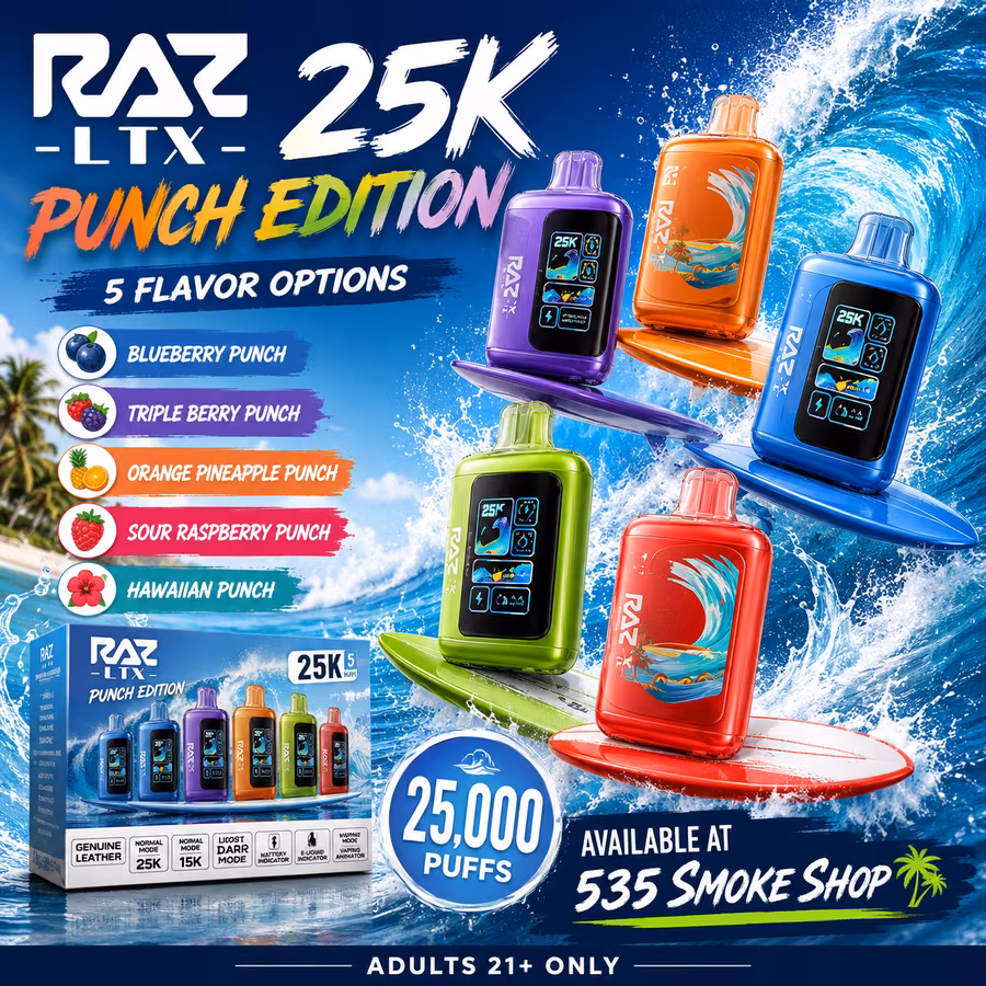 Original RAZ LTX 25K Punch Edition disposable vapes in 5 flavors — 5-pack deal at 535 Smoke Shop Orlando, online order with next-day pickup