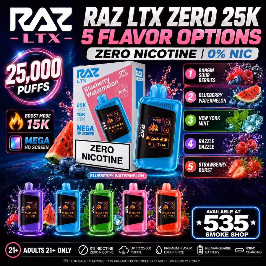 Original RAZ LTX ZERO 25K zero-nicotine disposable vapes 5CT deal at 535 Smoke Shop Orlando — 5 for $75.99, online order with next-day pickup