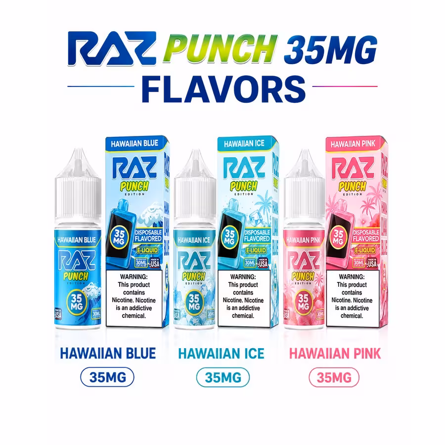 Original RAZ Punch Edition 35MG salt nic e-liquid bottles — Hawaiian Blue, Hawaiian Ice and Hawaiian Pink — part o… — 535 Smoke Shop Orlando, 24/7 smoke shop near me with smoke shop delivery