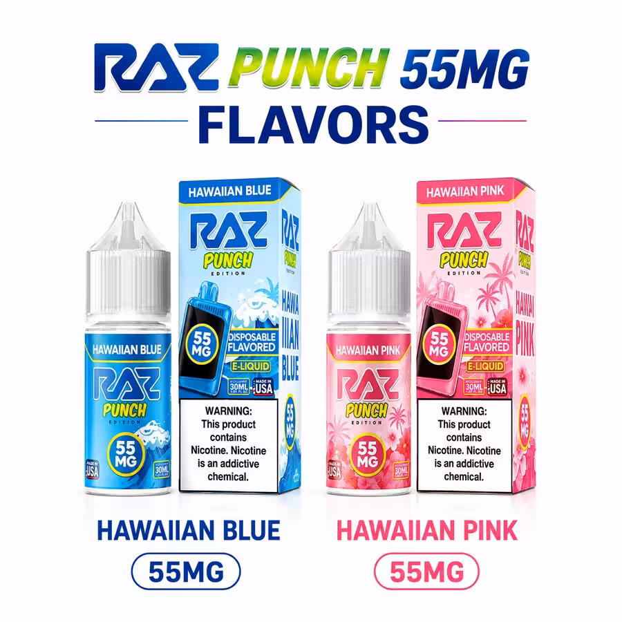 Original RAZ Punch Edition 55MG salt nic e-liquid bottles — Hawaiian Blue and Hawaiian Pink — part of the 5-for-$5… — 535 Smoke Shop Orlando, 24/7 smoke shop near me with smoke shop delivery