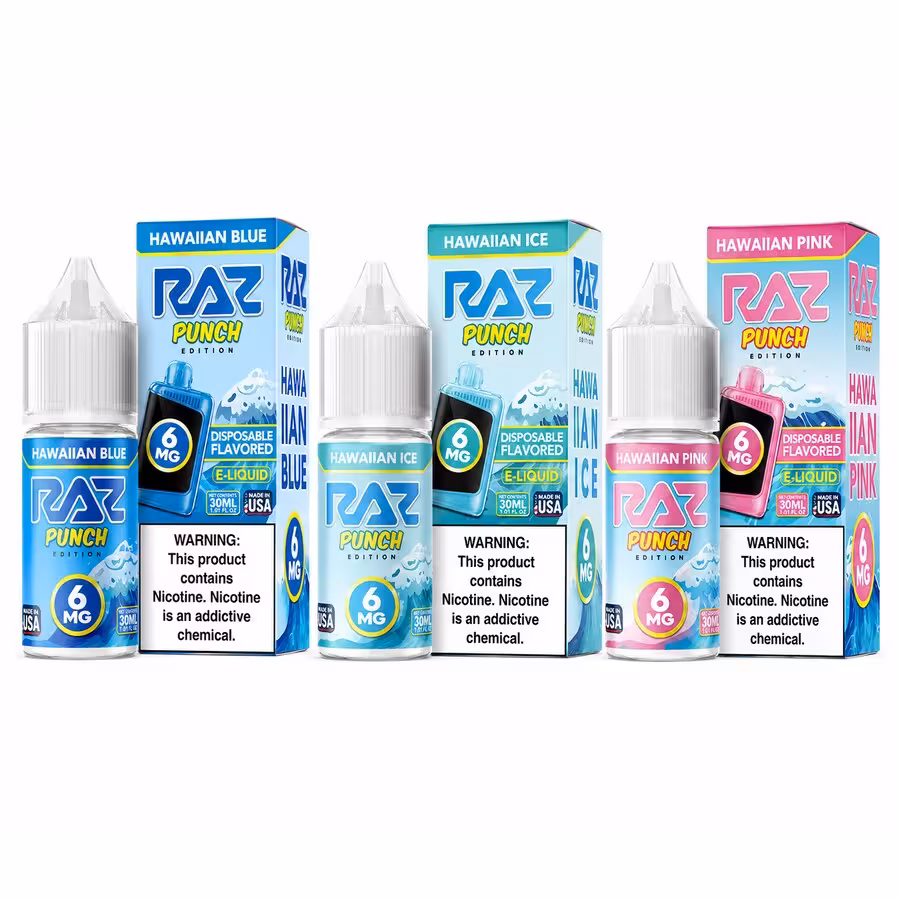 Original RAZ Punch Edition 6MG e-liquid 30ml bottles — Hawaiian Blue, Hawaiian Ice and Hawaiian Pink — part of the… — 535 Smoke Shop Orlando, 24/7 smoke shop near me with smoke shop delivery