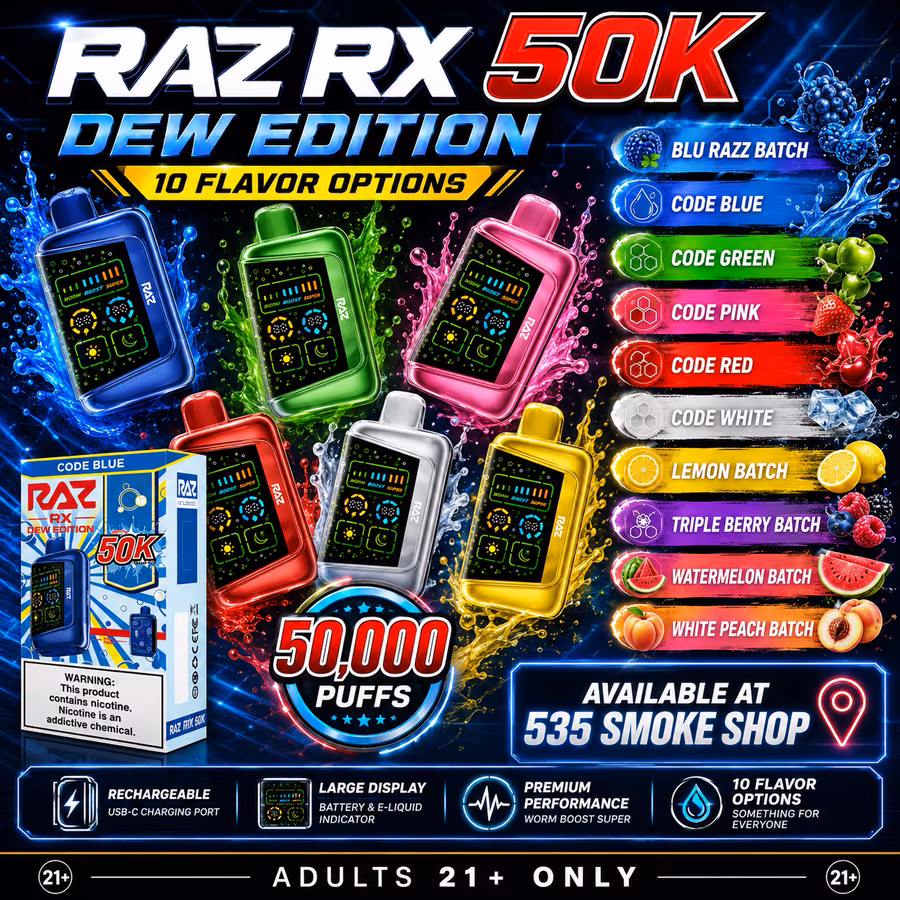 Original RAZ RX 50K Dew Edition disposable vapes in 10 flavors — 5-pack deal at 535 Smoke Shop Orlando, online order with next-day pickup