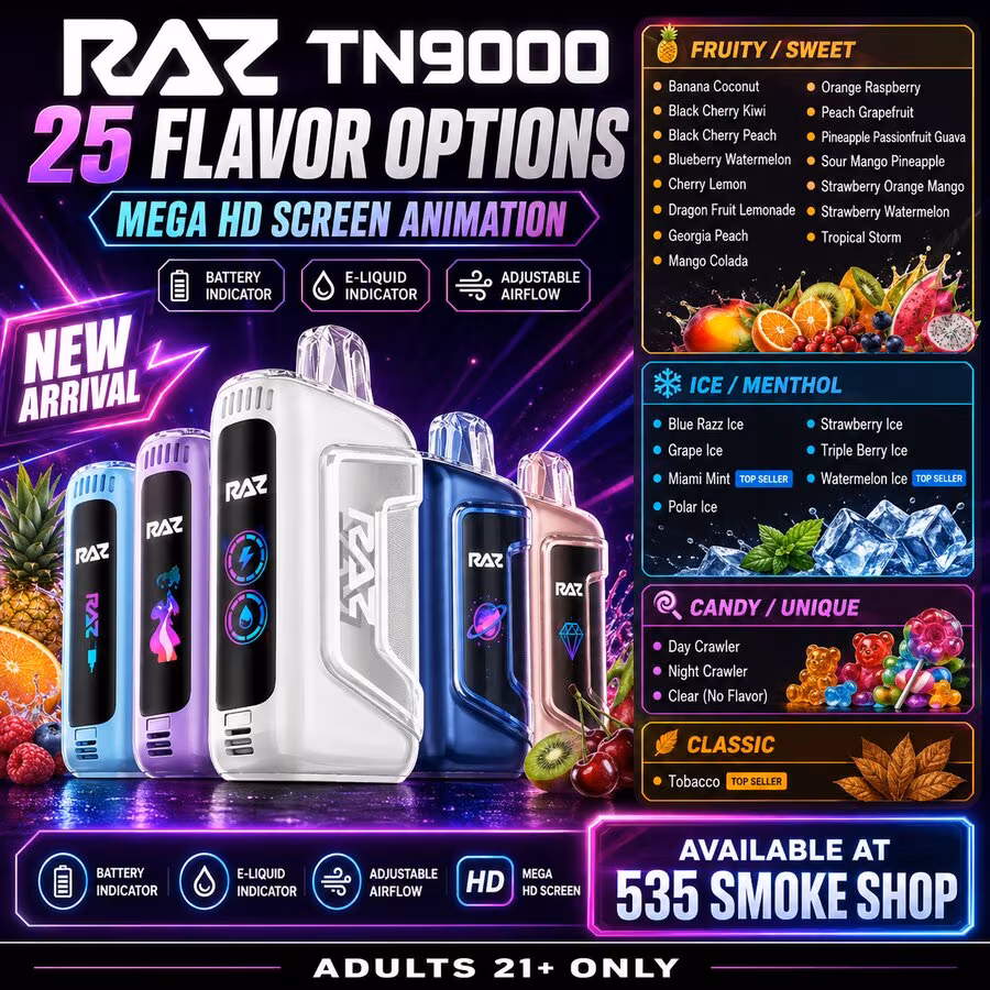 Original RAZ TN9000 disposable vapes 5-pack deal at 535 Smoke Shop Orlando — 5 for $59.99, 26 flavor options, online order with next-day pickup