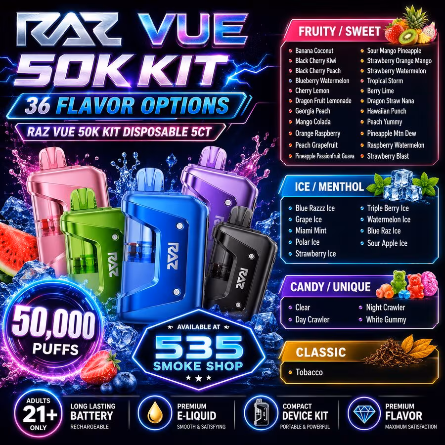 Original RAZ VUE 50K Kit disposable vapes 5CT deal at 535 Smoke Shop Orlando — 5 for $80, 36 flavor options, online order with next-day pickup