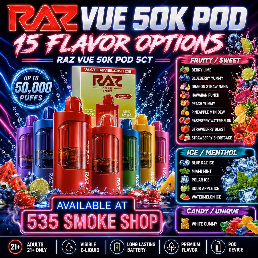 Original RAZ VUE 50K Pod disposable vapes 5CT deal at 535 Smoke Shop Orlando — 5 for $60, 15 flavor options, online order with next-day pickup
