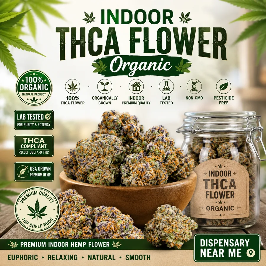 Indoor THCA flower display — lab-tested hemp flower with no medical card needed near Disney Springs